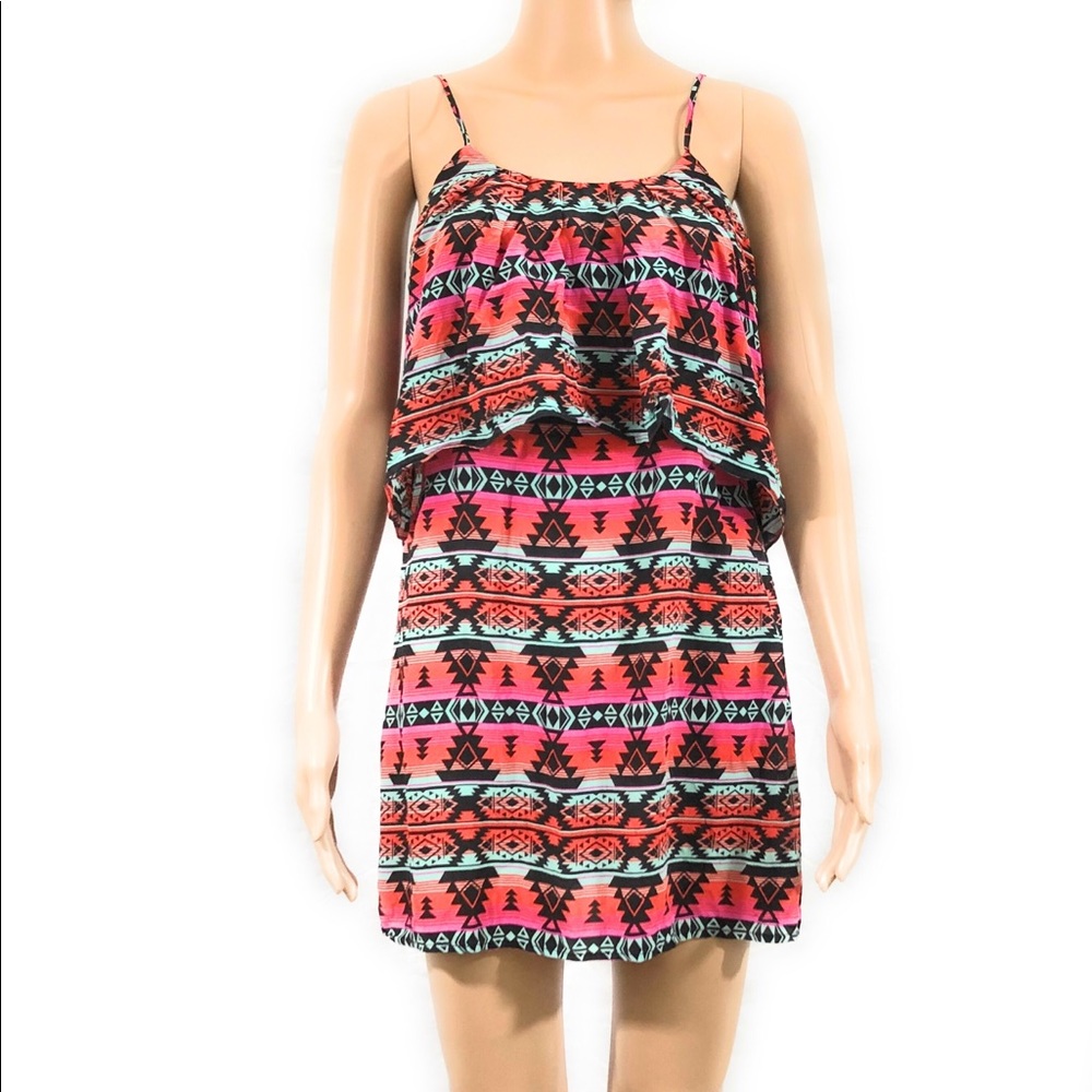 Greylin Anthropologie Dress X-Sm Orange Black Aqua Blue Multi 100% Silk Mini